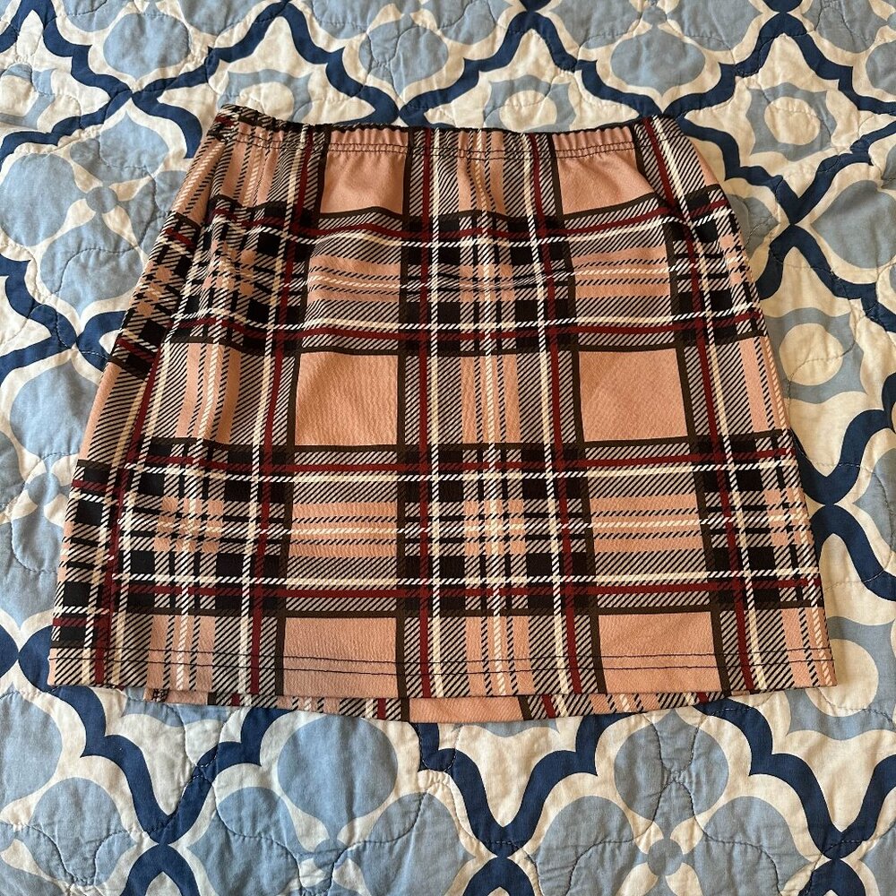 SHEIN Plaid Mini Skirt Tan Red Black Size S Preppy